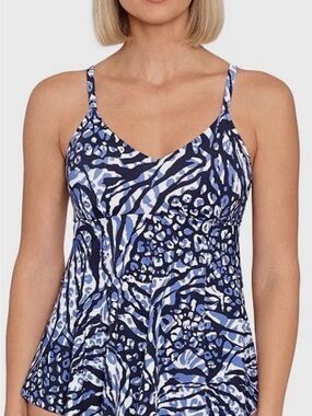 Swim Solutions Blue Patterned Swim Tankini tops with V-Neck Sz 8 NWT